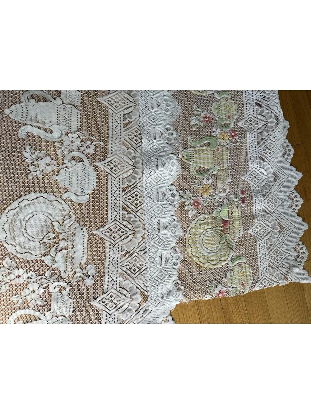 Vintage 1980s Country Kitchen Lace Fabric Panel Country Kitchen Teapot, 120x16”